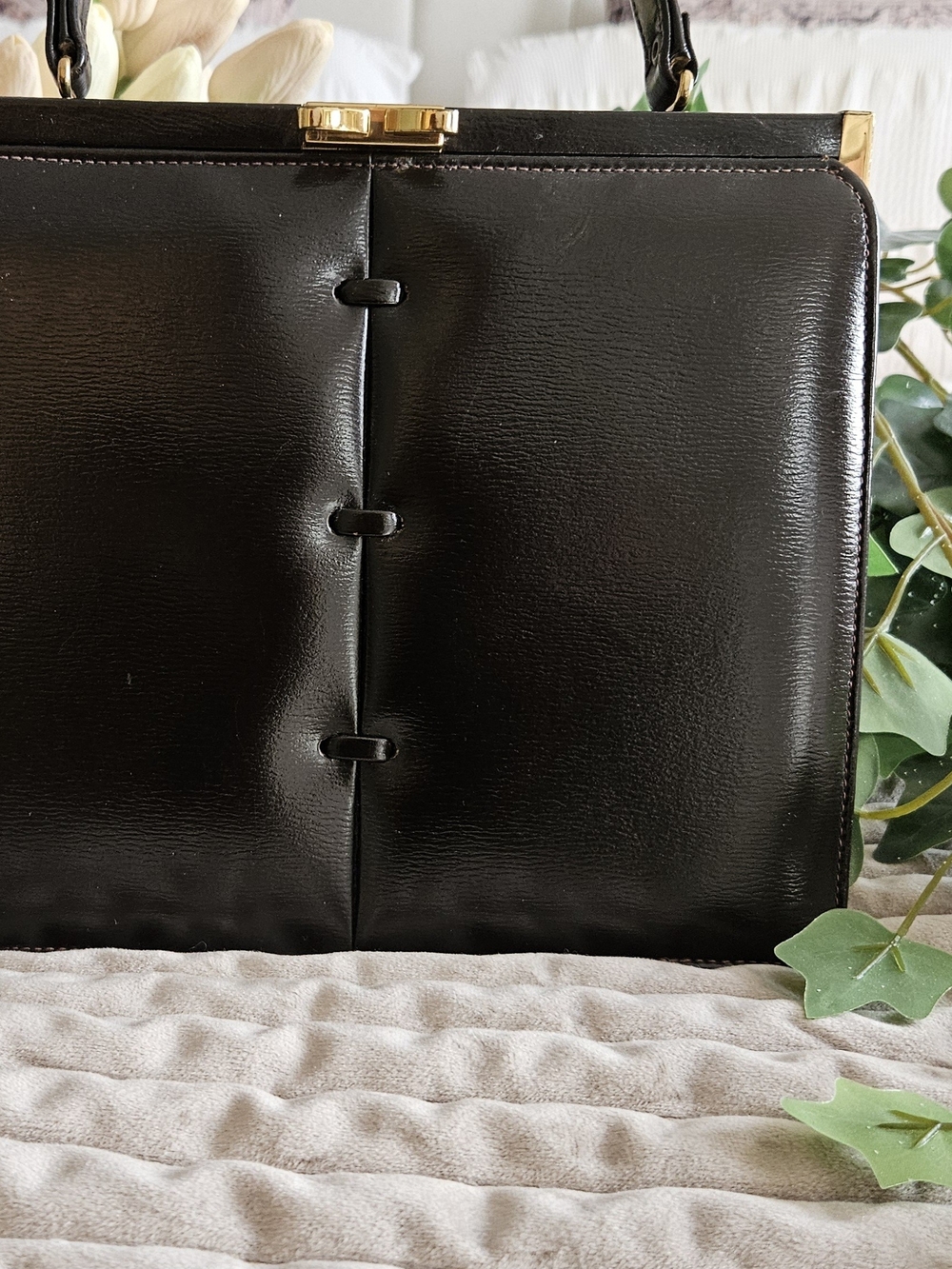 Classic Vintage Brown Leather Handbag with Gold Hardware